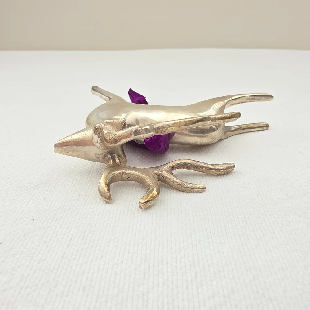 Pottery Barn Reindeer Ornament Vintage Purple Ribbon Silver Metal